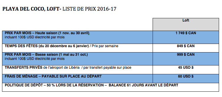 Liste de prix location loft playa del coco