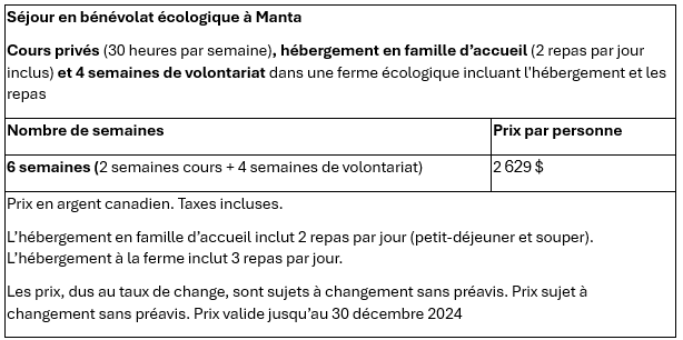 Espagnol et bénévolat écologique à Manta Prix 2024