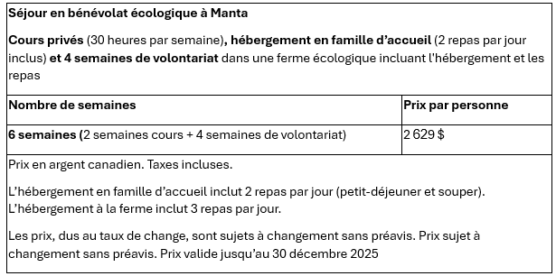 Espagnol et bénévolat écologique à Manta Prix 2025